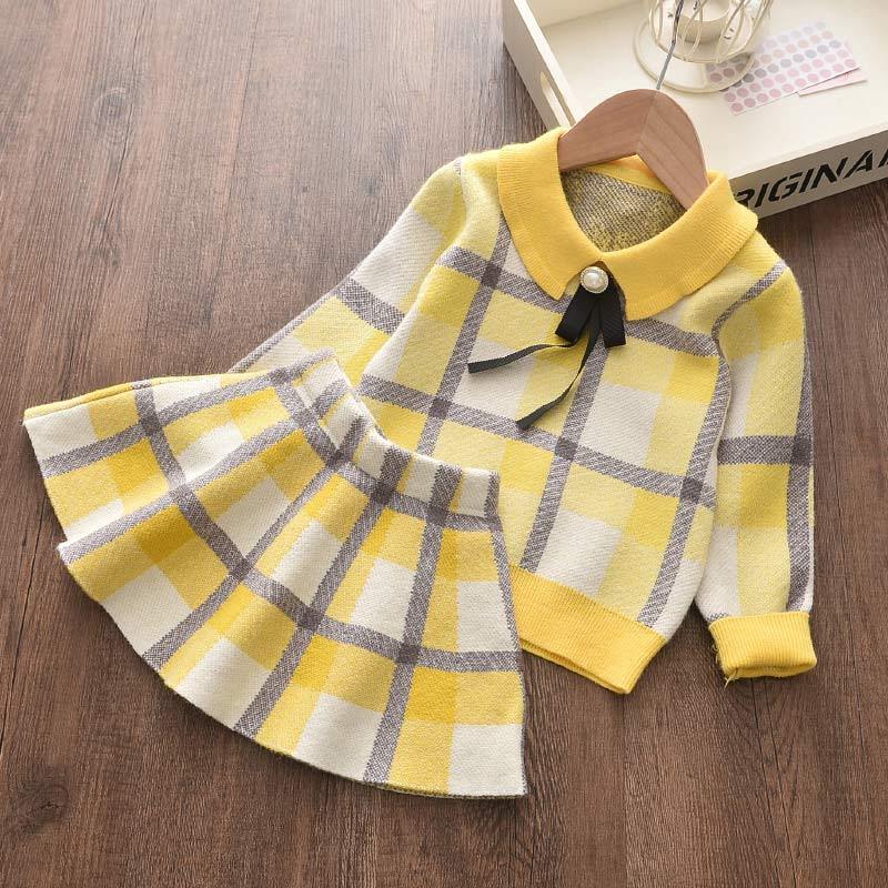 Girls Spring Clothes Set Long Sleeve Sweater Shirt Skirt Bow