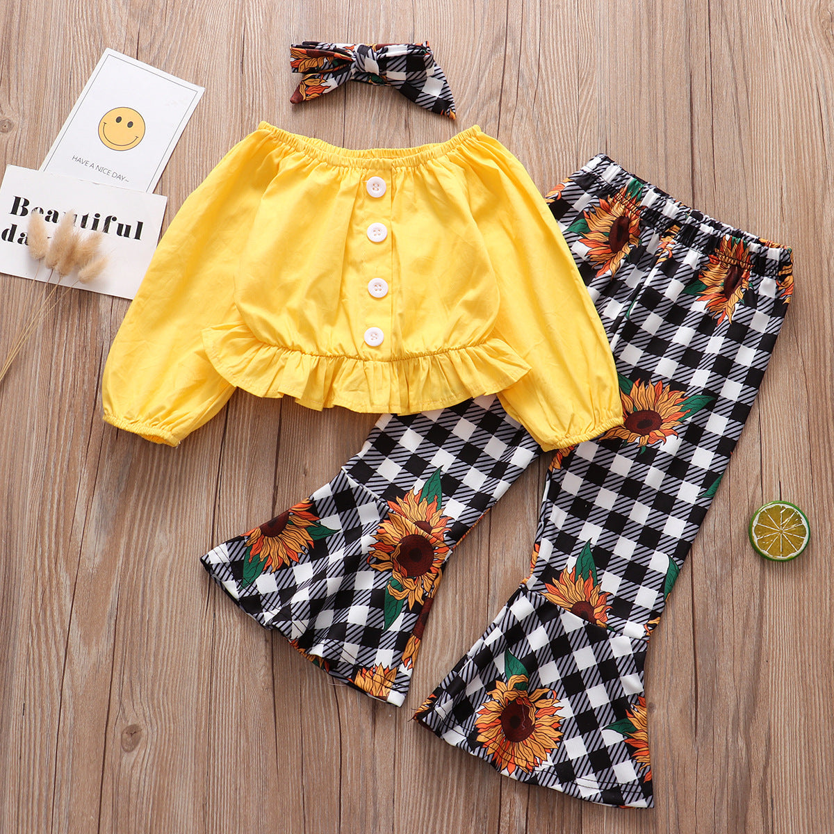 Children Clothing Autumn New Style Long sleeved Yellow Blouse  Plaid Sun Flower Trousers Girl Suit 3-piece Set