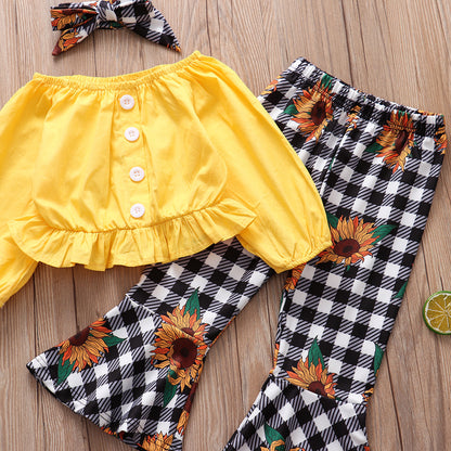 Children Clothing Autumn New Style Long sleeved Yellow Blouse  Plaid Sun Flower Trousers Girl Suit 3-piece Set