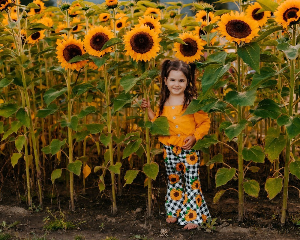 Children Clothing Autumn New Style Long sleeved Yellow Blouse  Plaid Sun Flower Trousers Girl Suit 3-piece Set