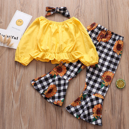 Children Clothing Autumn New Style Long sleeved Yellow Blouse  Plaid Sun Flower Trousers Girl Suit 3-piece Set