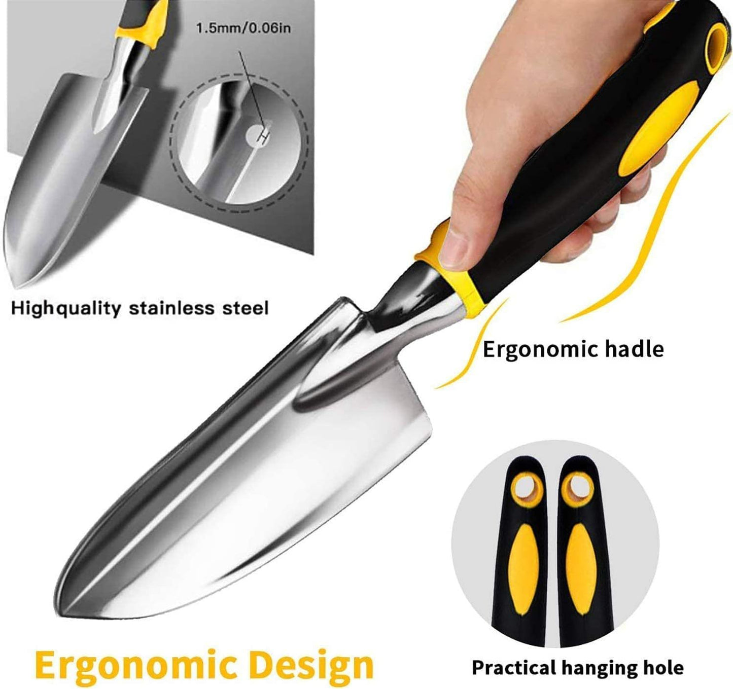 Gardening Hand Tools 3 Piece Set - Heavy Duty Garden Trowel, Transplanter, Hand Rake - Ergo Grip Handle - Bend-Proof & Rust-Proof Design