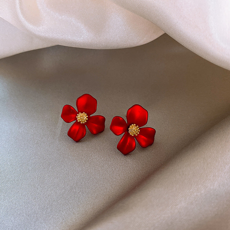 Girls Silver Needle Korean Red Petal Earrings