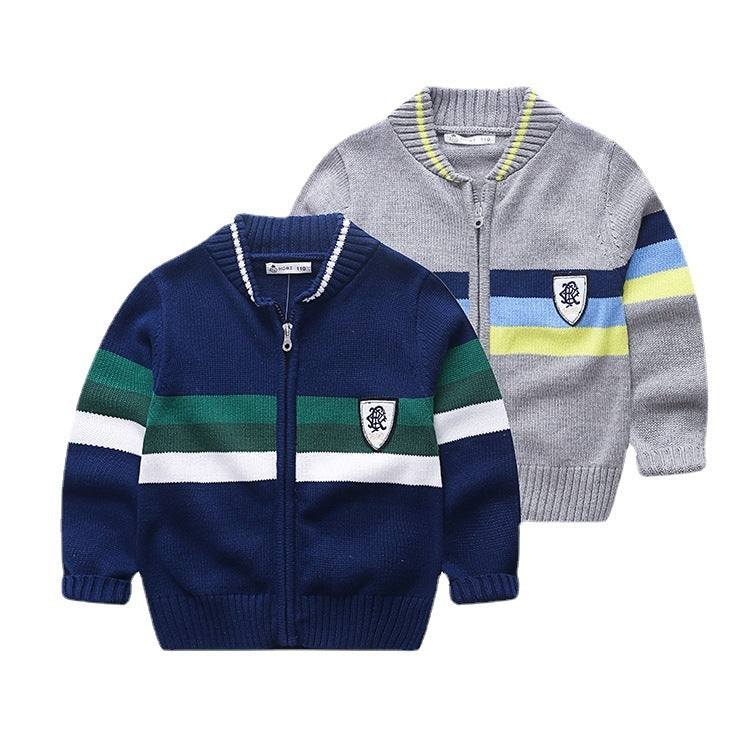 Round Neck Striped Color-block Zipper Sweater