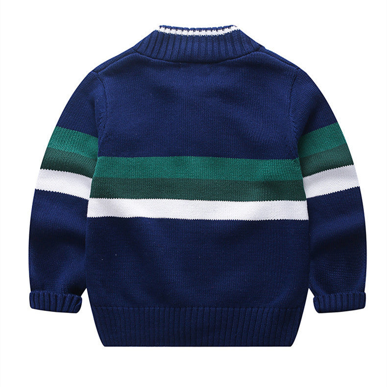 Round Neck Striped Color-block Zipper Sweater