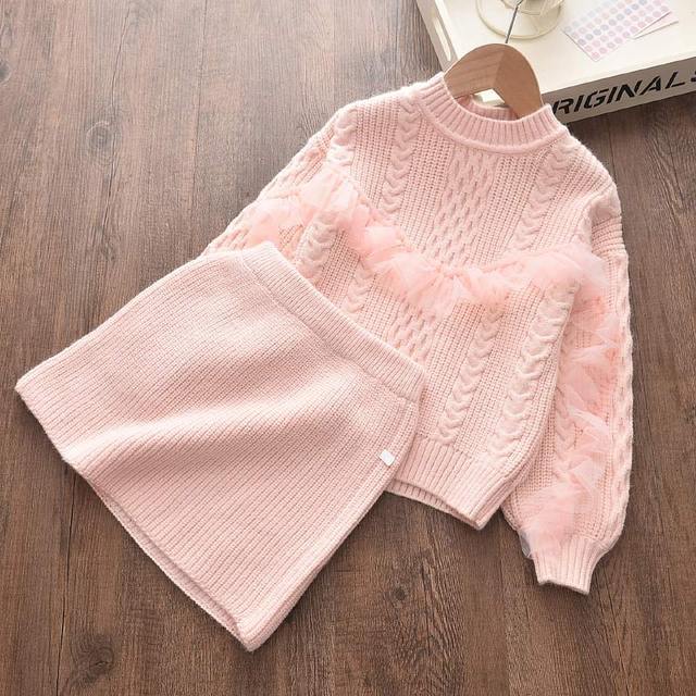 Girls Spring Clothes Set Long Sleeve Sweater Shirt Skirt Bow