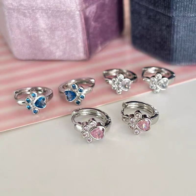 Female Diamond Studded Love Cat Foot Earrings