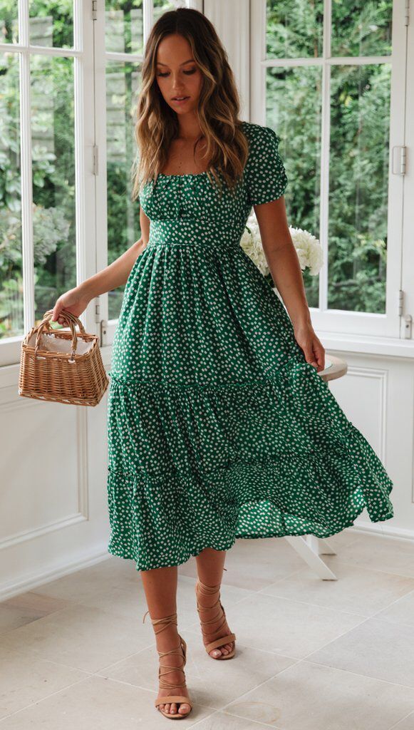 Square Collar Short Sleeve Dress Summer Puff Floral Printed Dress Long Dresses