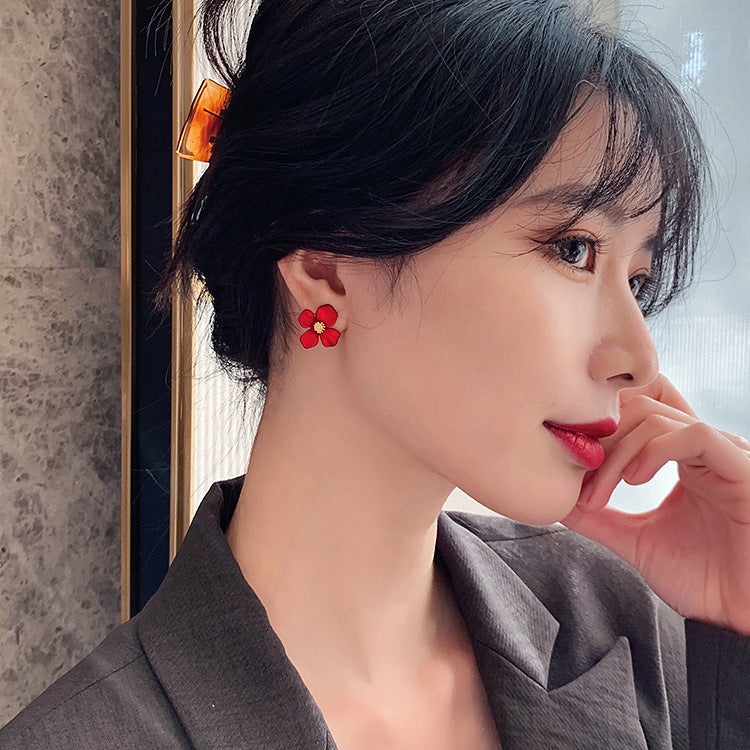 Girls Silver Needle Korean Red Petal Earrings