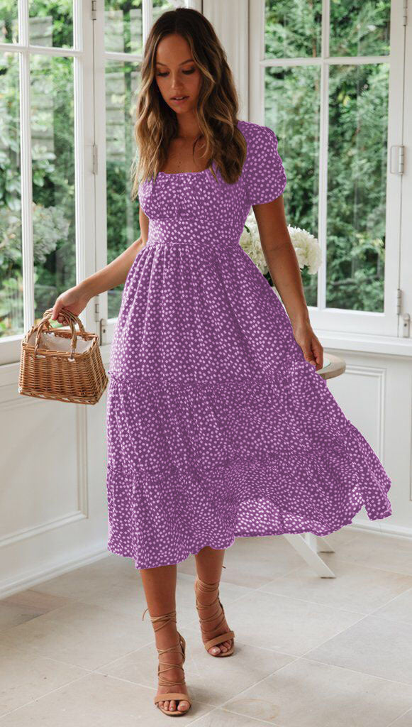 Square Collar Short Sleeve Dress Summer Puff Floral Printed Dress Long Dresses