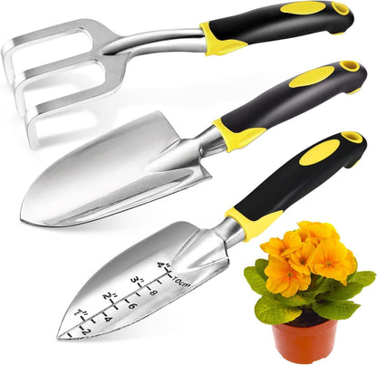 Gardening Hand Tools 3 Piece Set - Heavy Duty Garden Trowel, Transplanter, Hand Rake - Ergo Grip Handle - Bend-Proof & Rust-Proof Design