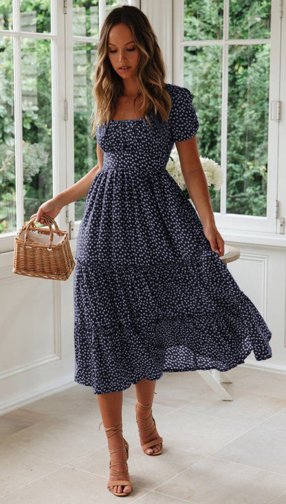 Square Collar Short Sleeve Dress Summer Puff Floral Printed Dress Long Dresses